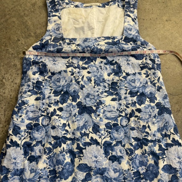 Abercrombie & Fitch Women's Blue Floral Linen Wide Strap Mini Dress Sz LP Boho - Picture 6 of 8
